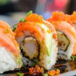 Sushi roll with salmon and shrimp tempura